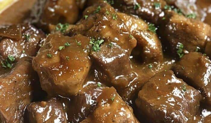 Slow-cooked beef in onion sauce! We never have leftovers!