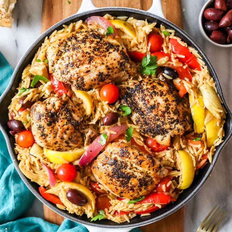 Greek Chicken Orzo Skillet