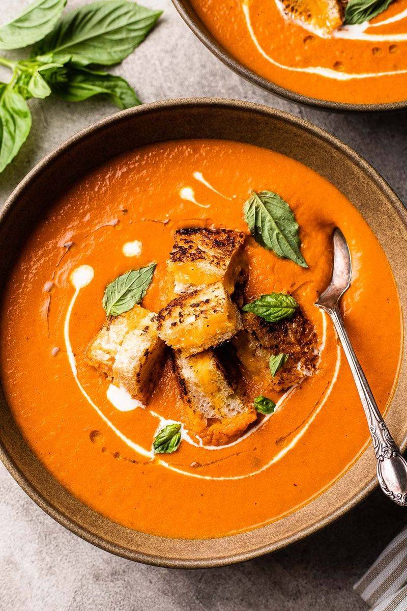 Creamy Tomato Soup with Grilled Cheese Croutons